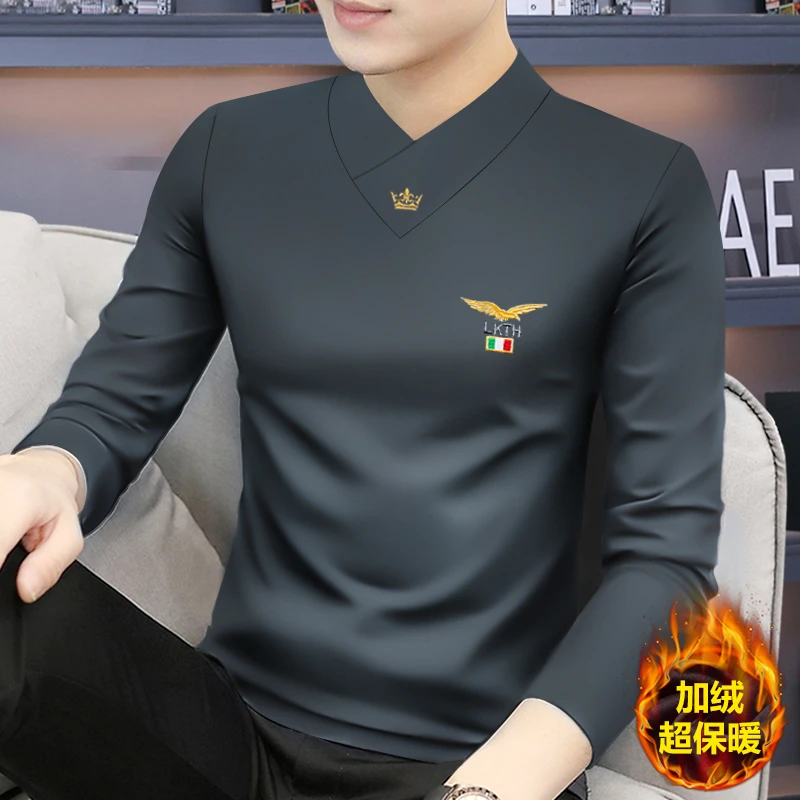 2023高档秋冬新款男士长袖t恤v领打底百搭加绒保暖30-40岁男款潮
