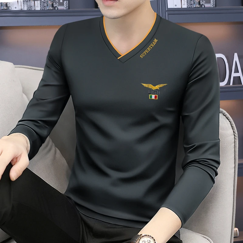 2023秋季莫代尔男士v领长袖t恤秋衣打底衫上衣服体恤高端潮流男装