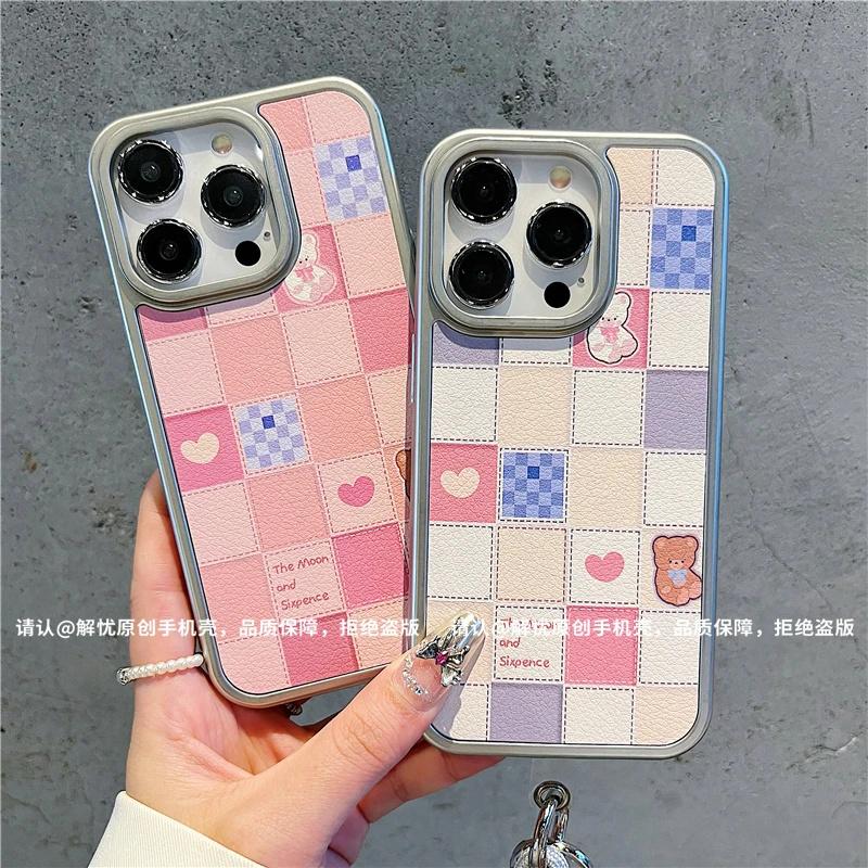 电镀银框皮纹适用苹果16/iPhone/华为荣耀/oppo/vivo/小米手机壳