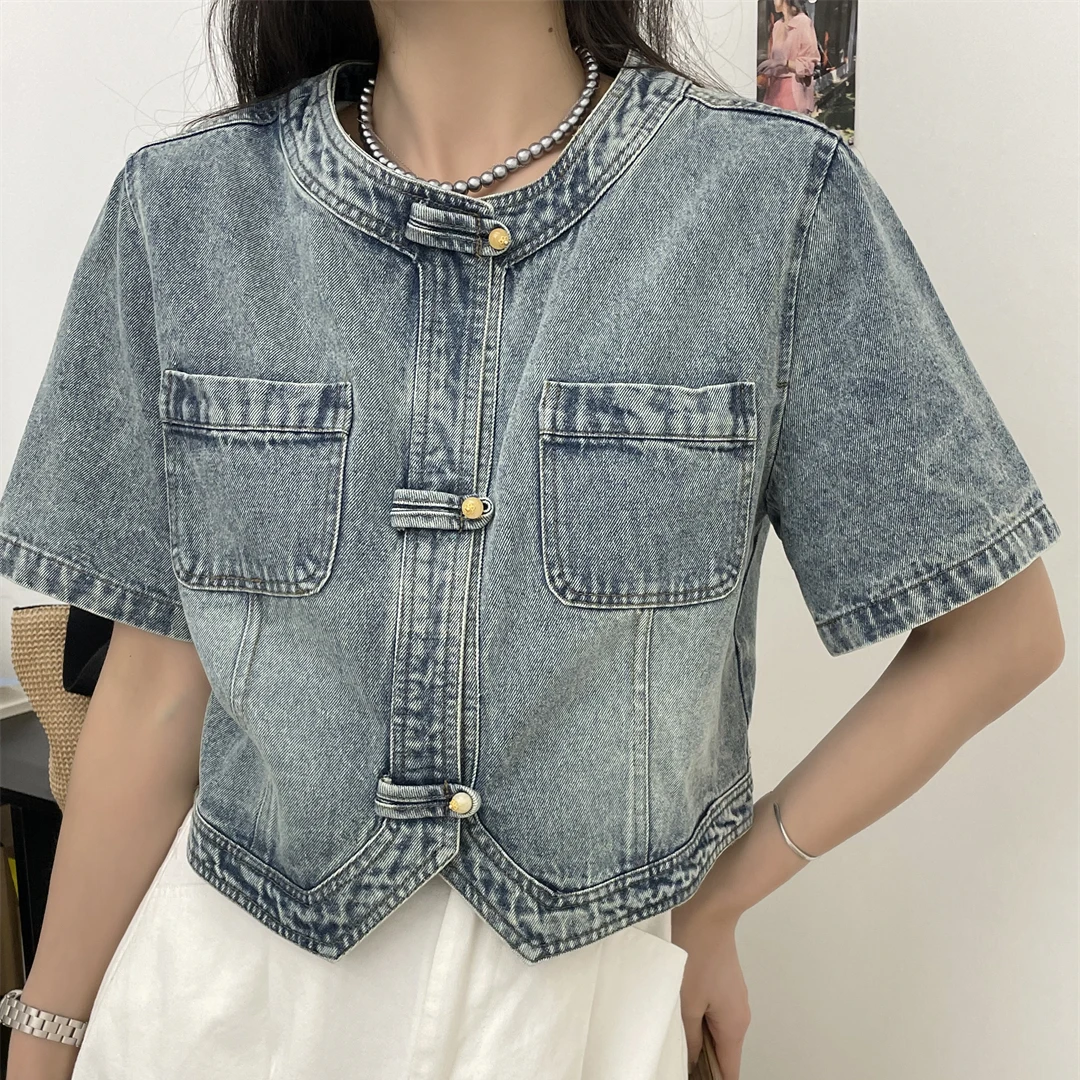 新中式盘扣圆领宽松牛仔短款外套女2024春夏新款短袖休闲薄款上衣