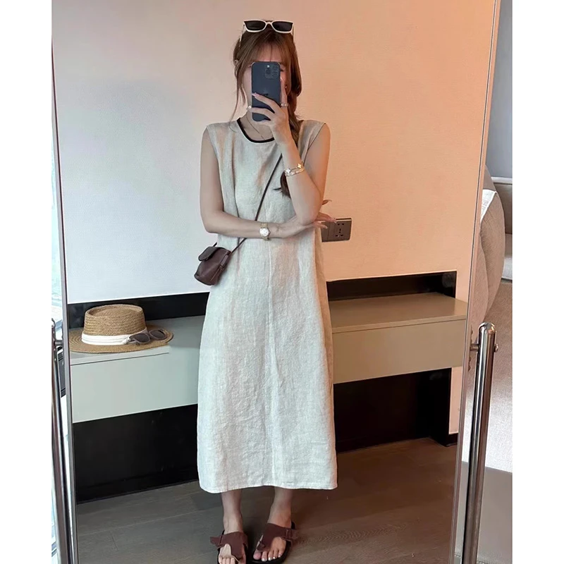 亚麻背心无袖连衣裙女2025夏季新款宽松百搭圆领显瘦温婉大方衣服