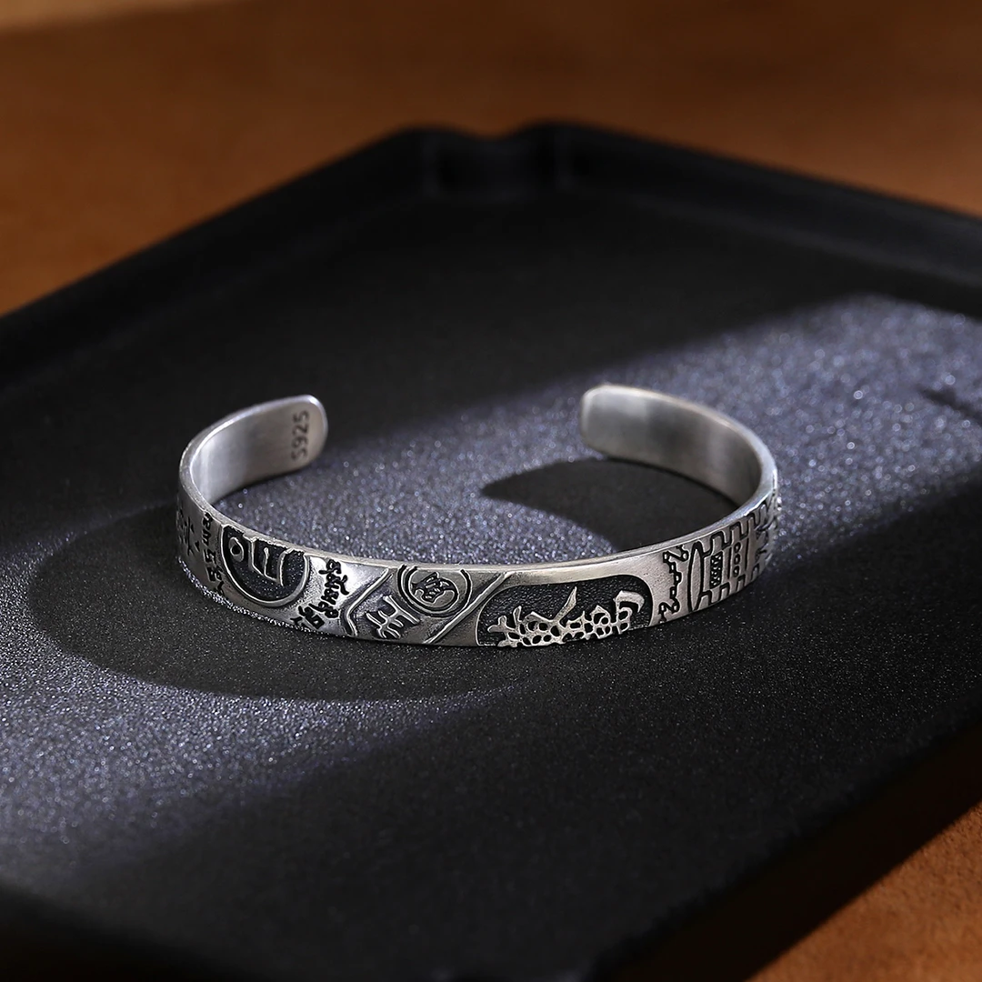 传承手镯 吉祥如意开口复古银手镯S26105