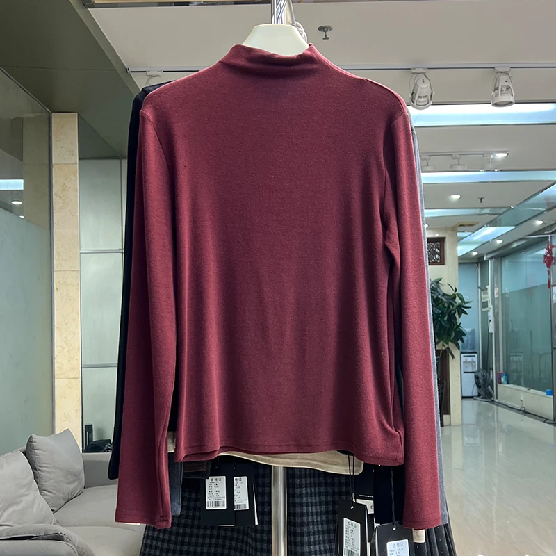 19秋冬装新款气质时尚复古休闲半领套头长袖修身基础T恤打底衫