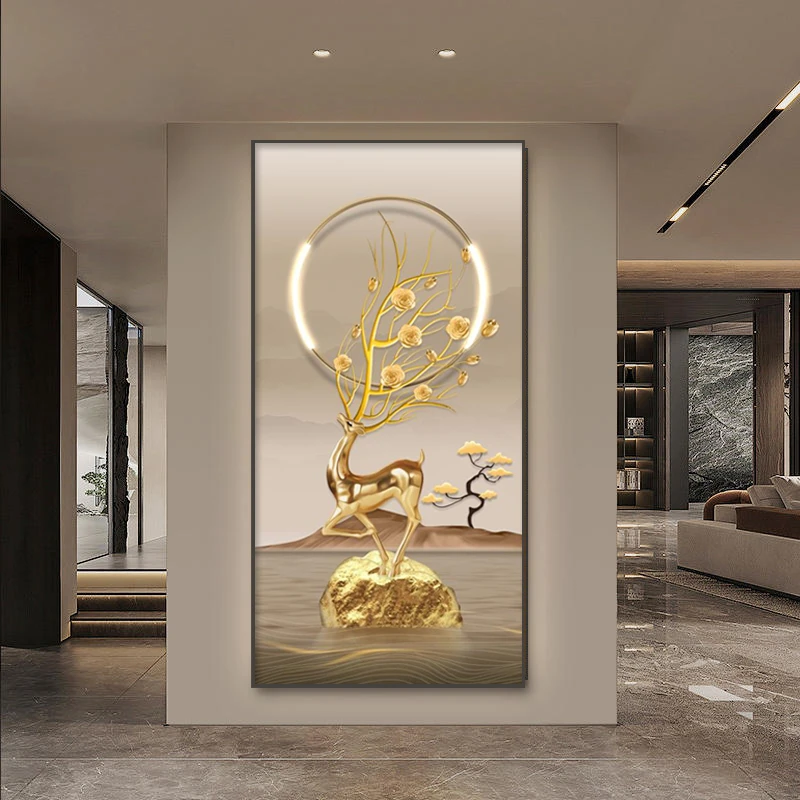 麋鹿轻奢玄关装饰画高档现代简约玄幻背景墙入户走廊挂画晶瓷壁画