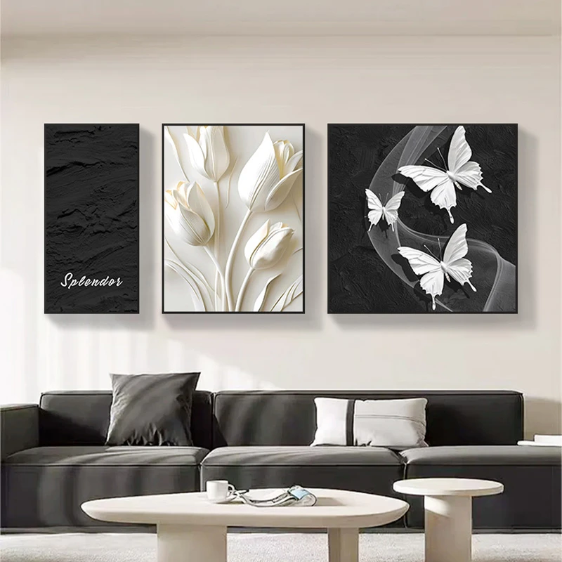 现代简约客厅装饰画黑白灰抽象蝴蝶三联壁画高级感沙发背景墙挂画