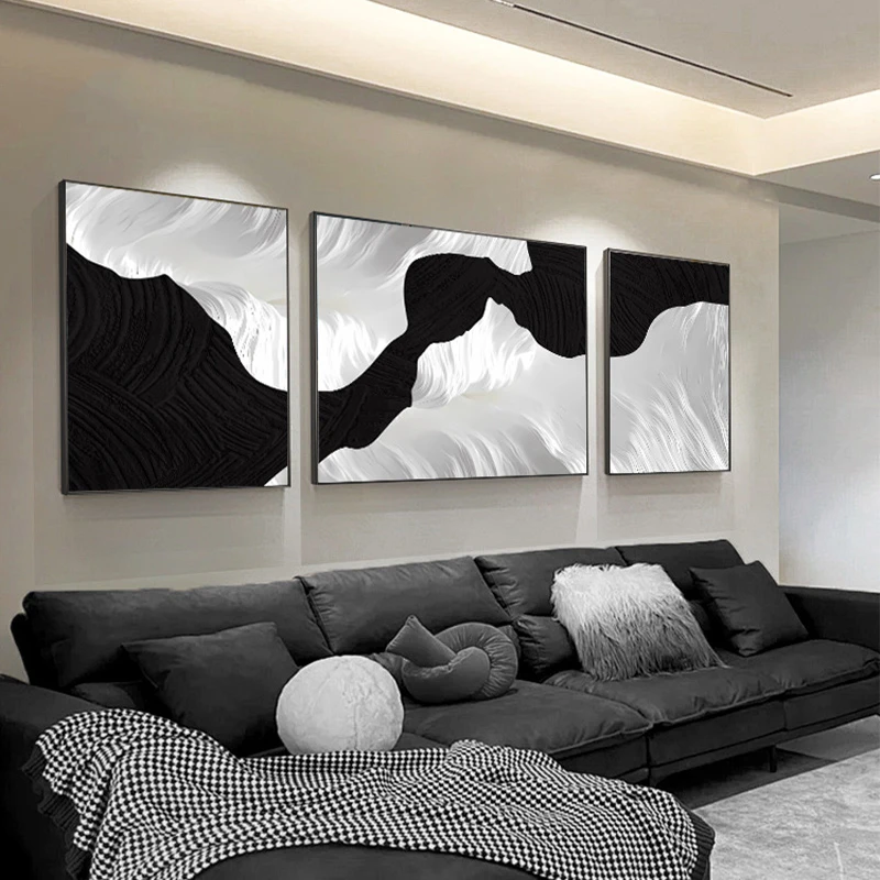高级感极简客厅装饰画黑白抽象沙发背景墙壁画侘寂风几何三联挂画