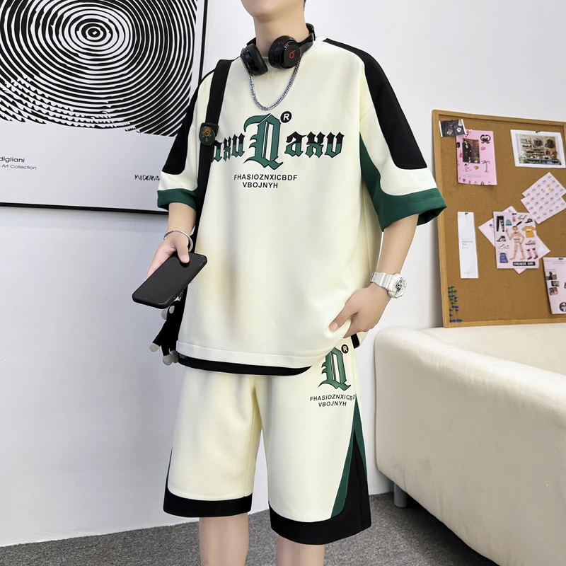青少年短袖t恤男休闲运动套装夏季帅气潮牌初中高中生宽松两件套