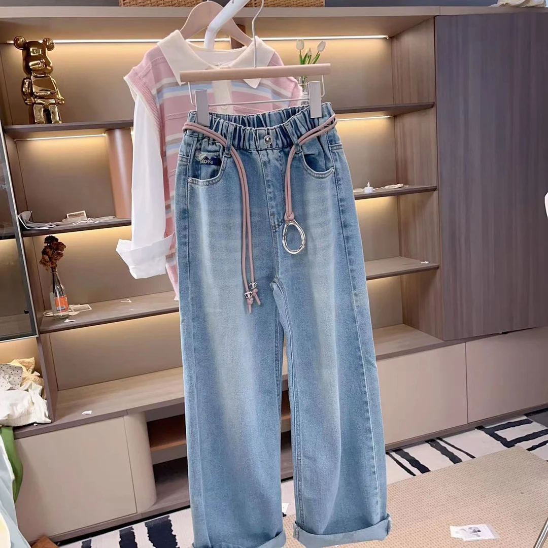 女童牛仔裤夏季薄款2024新款儿童春秋款直筒裤大童初中生休闲裤子