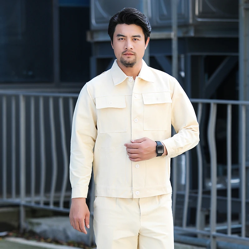 米白色纯棉帆布工作服大码车间长袖耐磨电焊服男士工装春秋季翻领