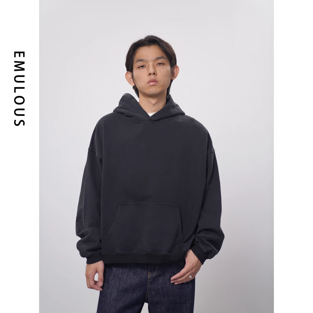 EMULOUS新款水洗黑色廓形宽松高级感百搭休闲复古潮流连帽卫衣男