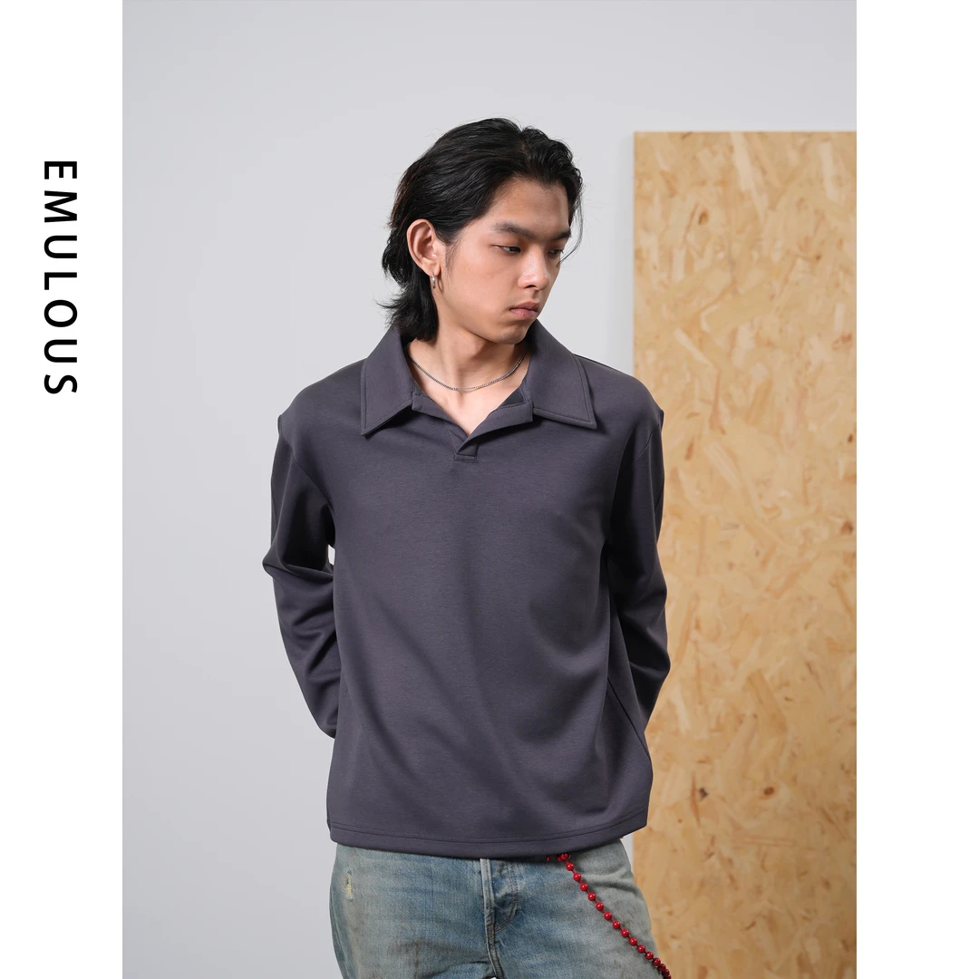 Em莫代尔polo领长袖单穿打底衫秋冬翻领设计感舒适软糯Boxy长tee