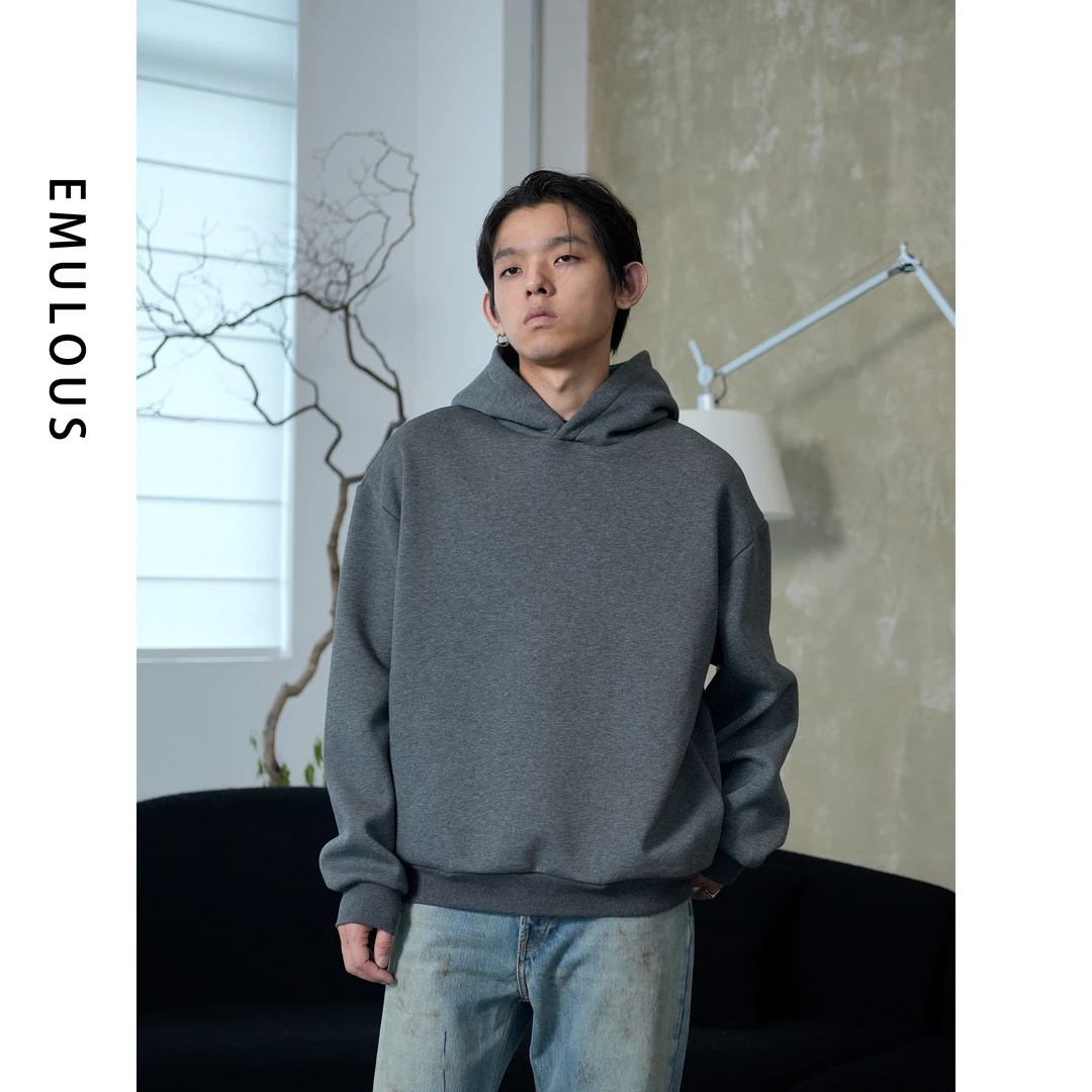 EM新款三色混纺纱线基础百搭休闲运动连帽卫衣宽松高级感男帽衫