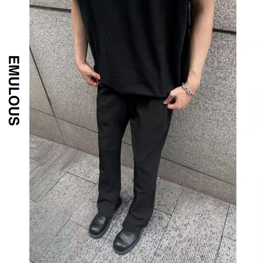 EMULOUS 压褶混纺休闲西裤开叉裤脚宽松百搭直筒长裤垂坠感微喇裤