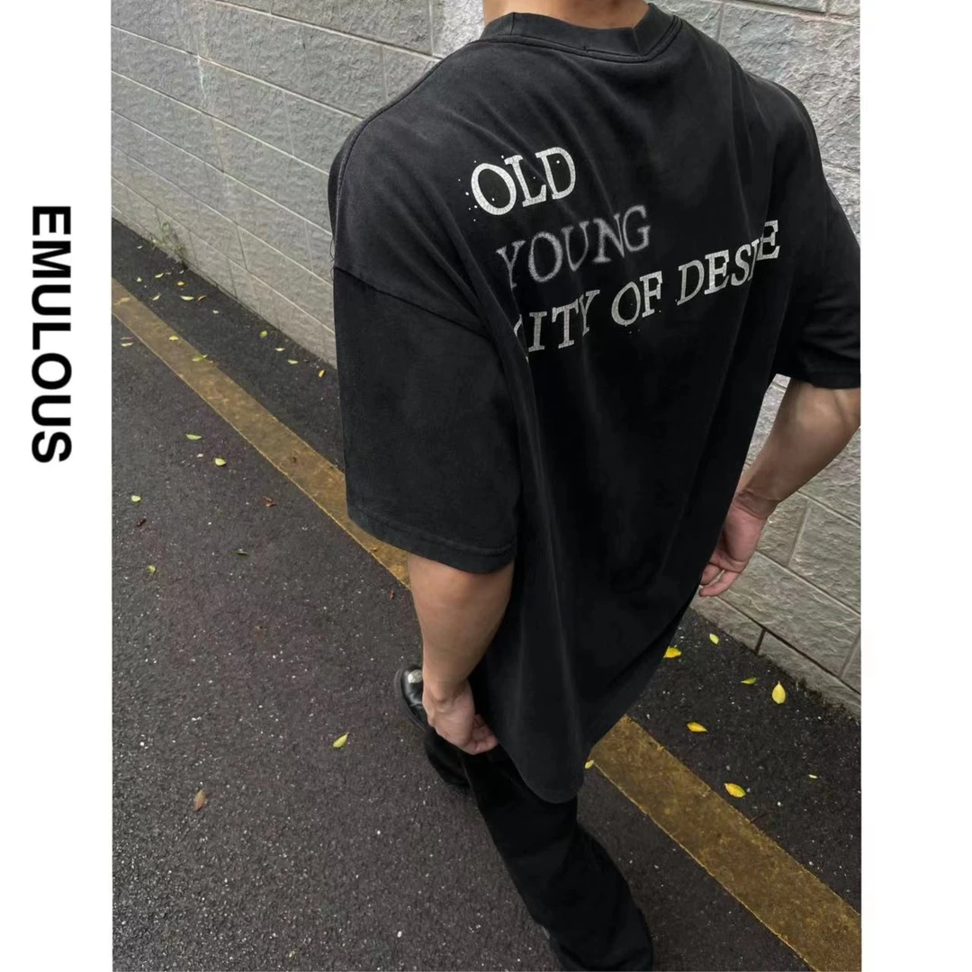 EMULOUS 做旧标语 280g重磅cleanfit国潮休闲宽松百搭情侣短袖