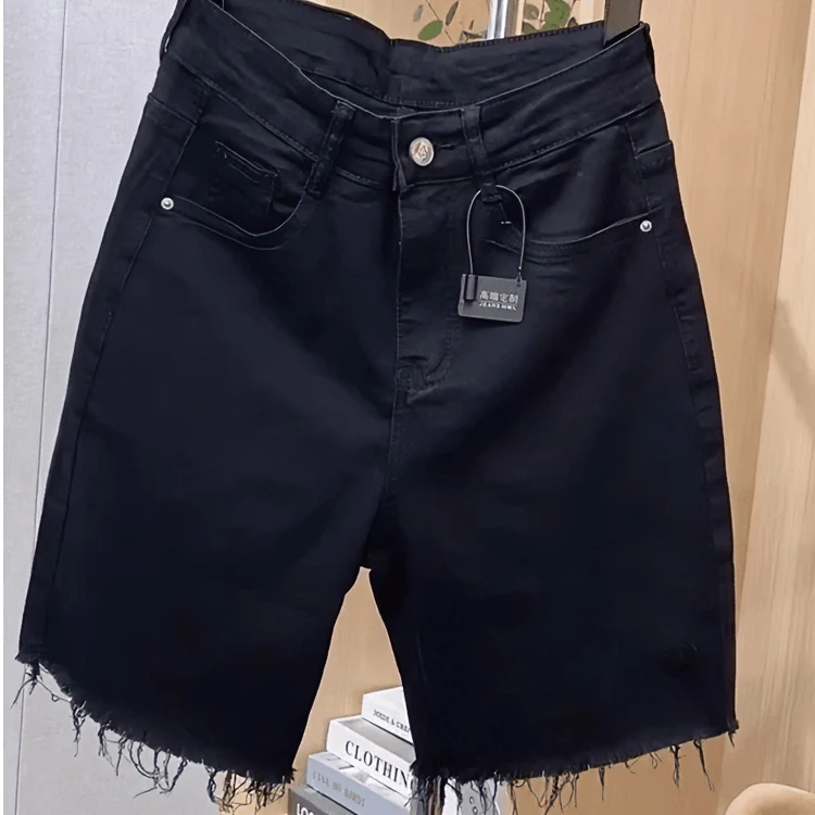 黑色五分牛仔裤女小个子2025年新款夏季薄款宽松显瘦阔腿毛边短裤