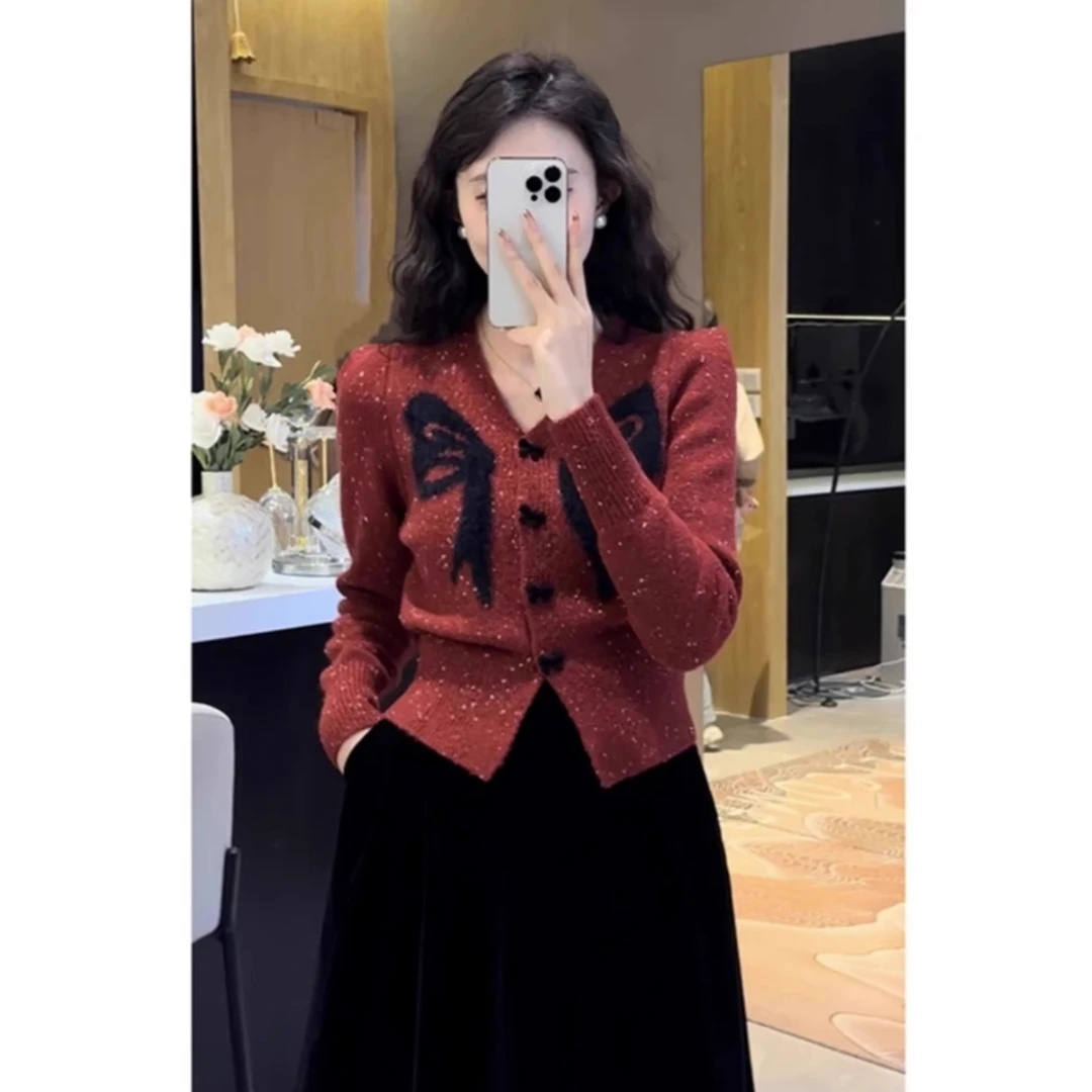 红色圣诞新年新款秋冬V领蝴蝶结针织衫长袖时尚百搭毛衣开衫上衣