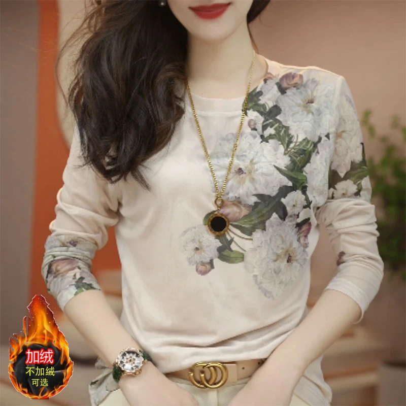 打底衫长袖百搭宽松加绒印花圆领显瘦洋气时尚女士复古文艺中国风