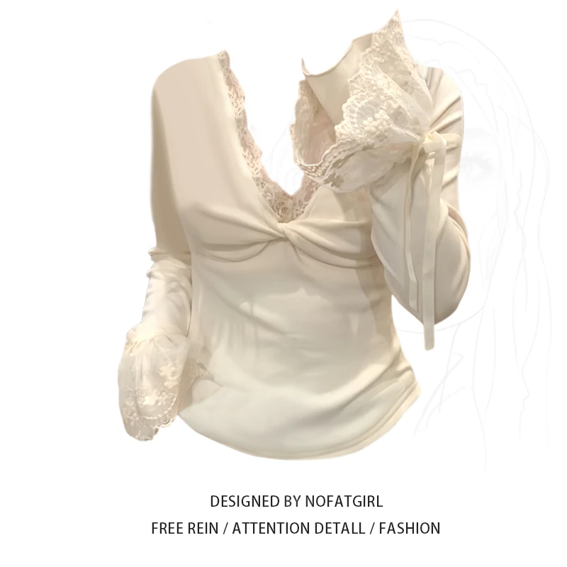 大码胖MM纯欲风蕾丝拼接长袖T恤女秋冬2024新款修身显瘦套头上衣