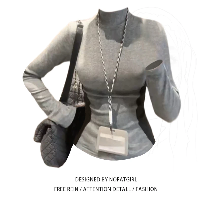 大码胖MM半高领沙漏腰显瘦上衣女秋冬修身长袖T恤磨毛加绒打底衫