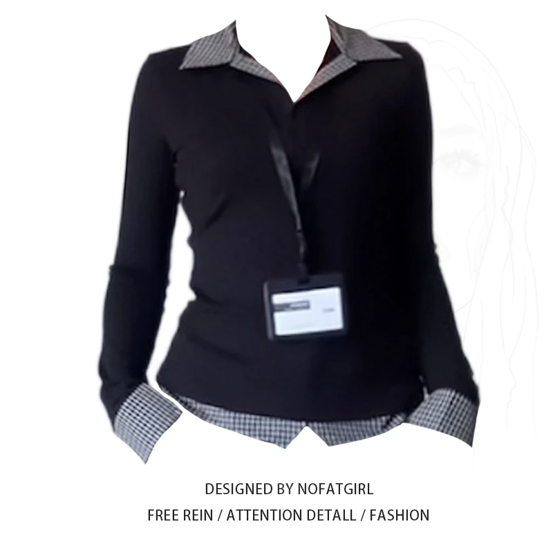 大码胖MM格子拼接假两件长袖T恤女秋季新款修身设计感韩系打底衫