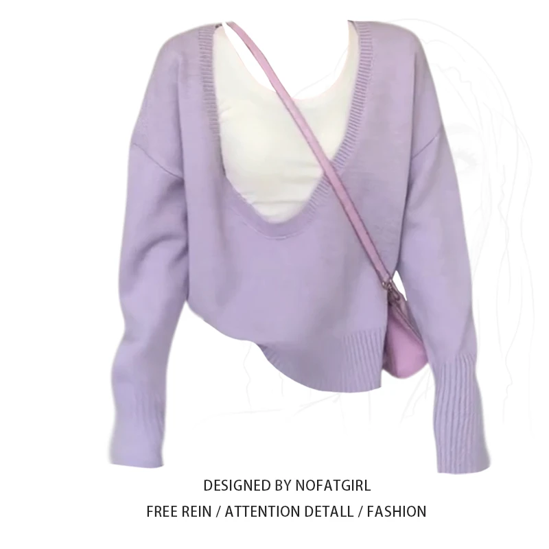 大码胖妹妹紫色大V领针织衫女2024秋季新款设计感短款套头毛衣ins