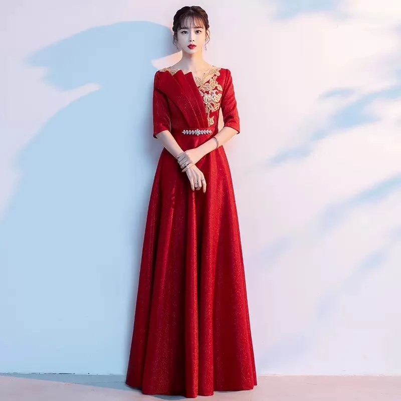 新款大合唱团演出服女长裙修身气质主持人指挥红歌朗诵表演晚礼服
