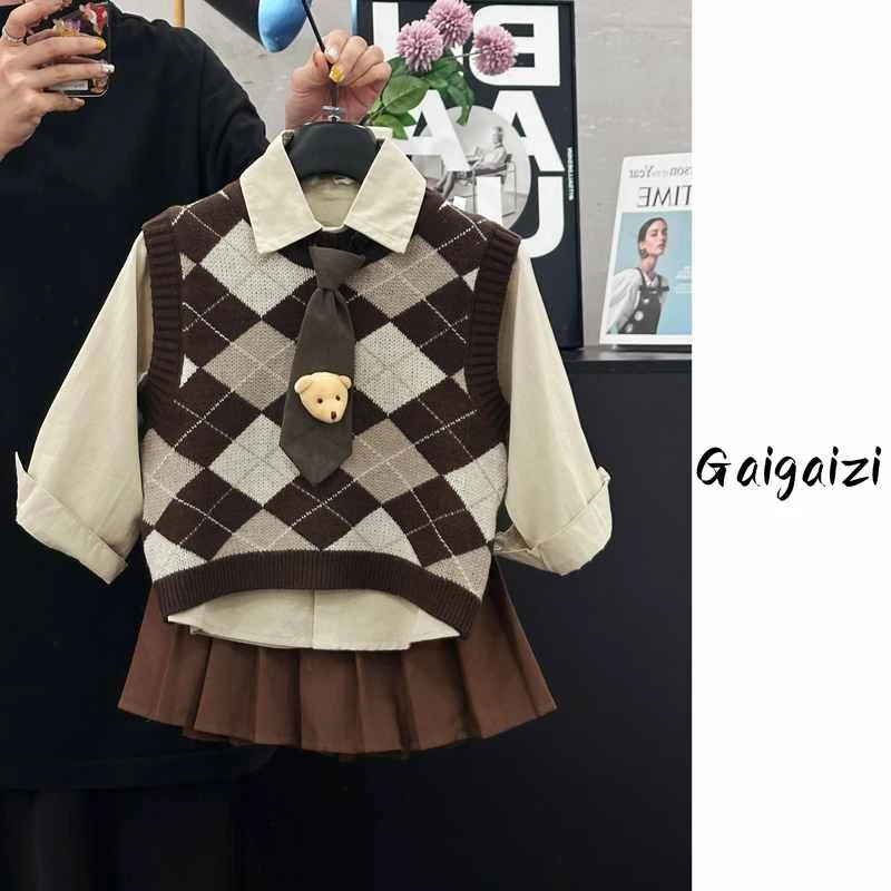 GZ-亲子装【秋日美拉德】2024秋中大童长袖衬衫马甲+半身裙套装