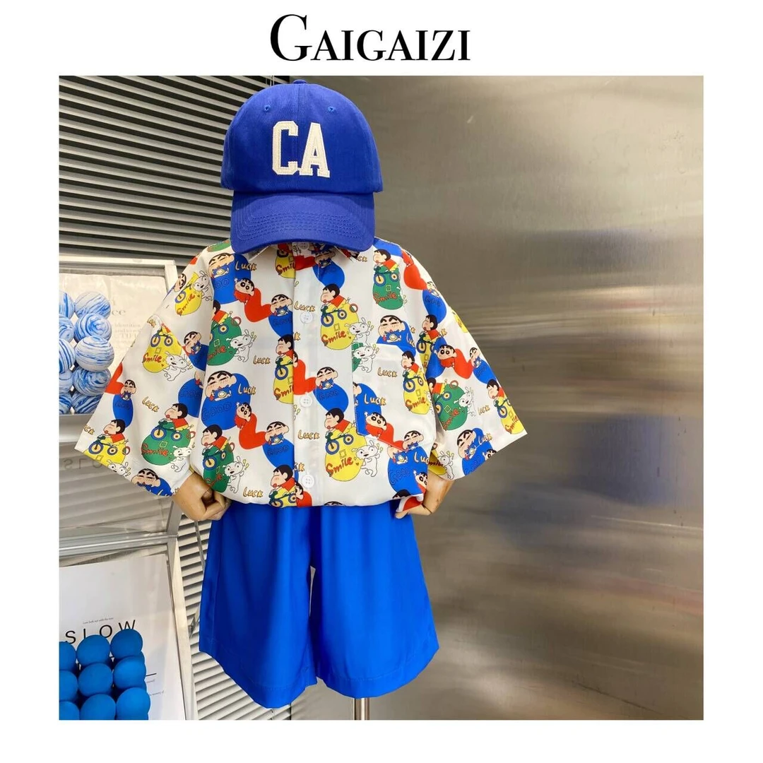 GZ-子装幸运小新卡通印花2024中大童短袖上衣+阔腿裤两件套