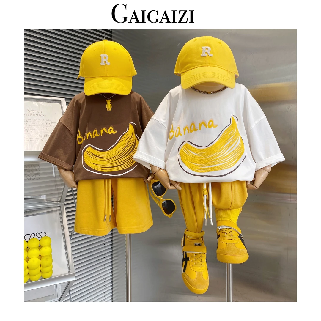 GZ-亲子装【笨呐呐】设计师重工印花2024中大童短袖T恤+短裤两件套