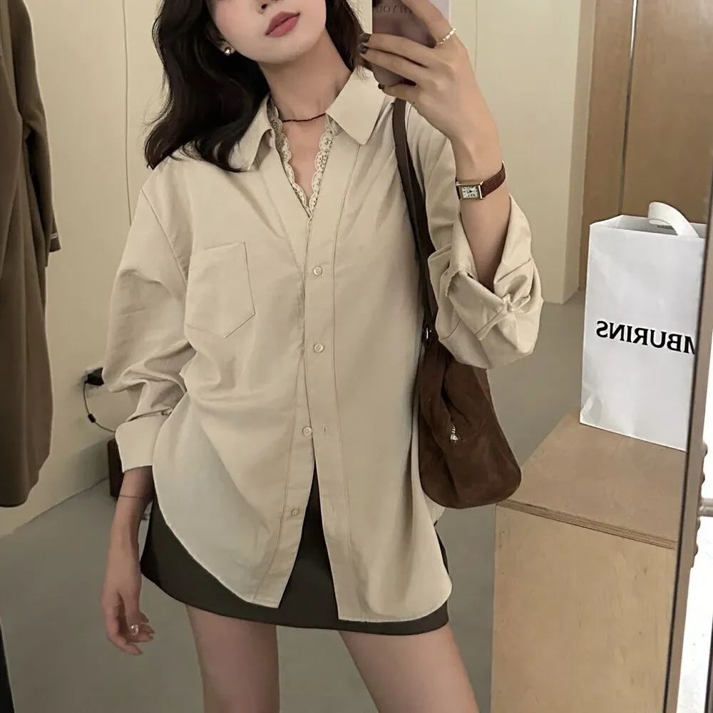 2025秋季新款甜美蕾丝拼接长袖衬衫女宽松休闲百搭外套女