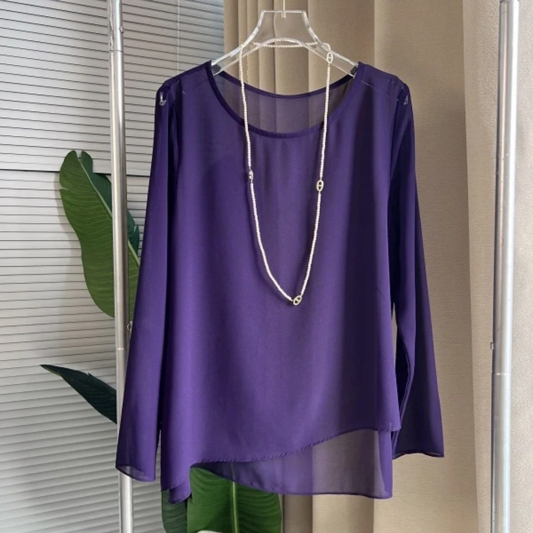 【不规则雪纺罩衫】薄款气质百搭宽松圆领长袖防晒上衣女