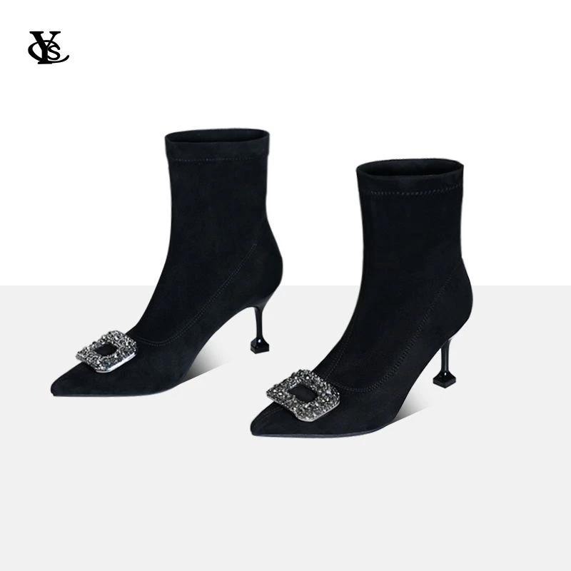 【太古汇】瘦瘦靴短靴女2023新款秋冬水钻方扣时尚气质轻奢高跟战靴