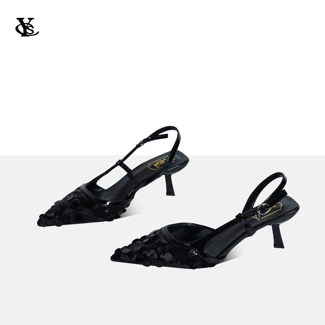 2024春秋新款亮片尖头一字带夏季单鞋女时尚气质细跟高跟鞋