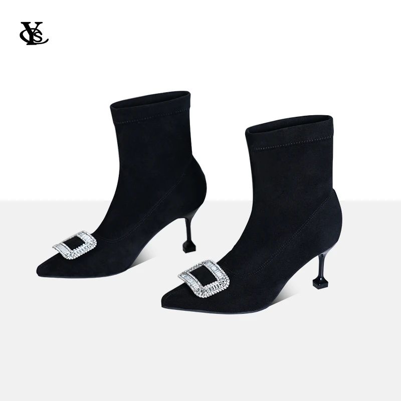 YSC 2023秋冬新款弹力靴百搭气质时尚女鞋高跟显瘦水钻靴子瘦瘦靴