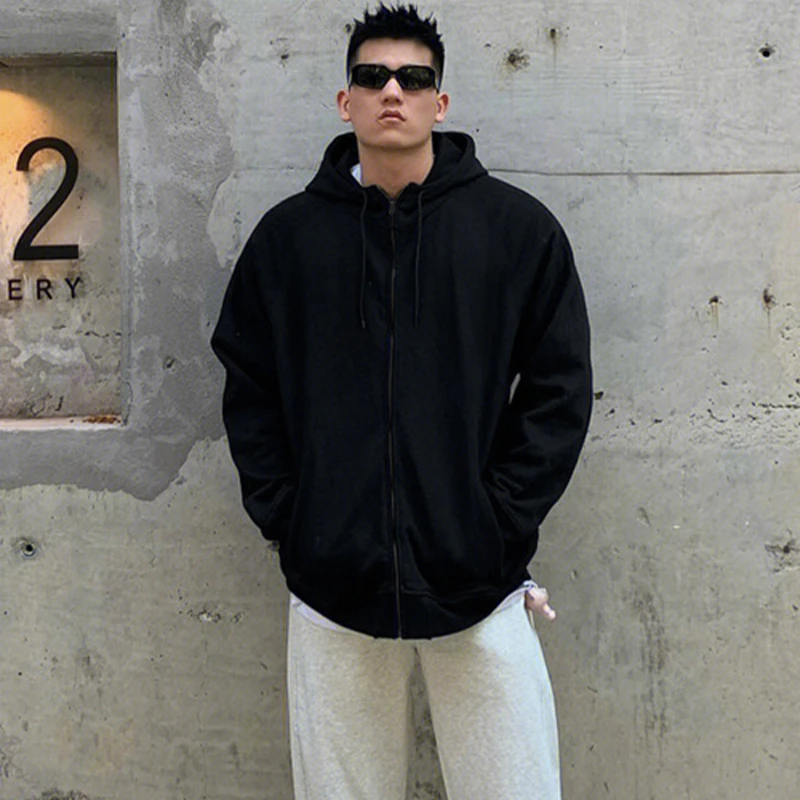 维动纯色运动开衫外套男款美式街头vibe黑色潮牌重磅拉链连帽卫衣