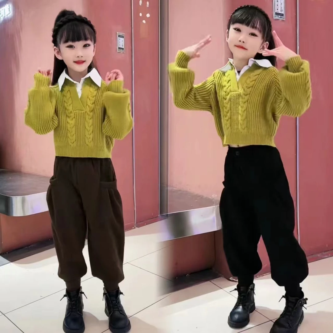 女童秋冬假两件衬衫领毛衣新款韩版时髦连帽毛衣加绒加厚萝卜裤潮