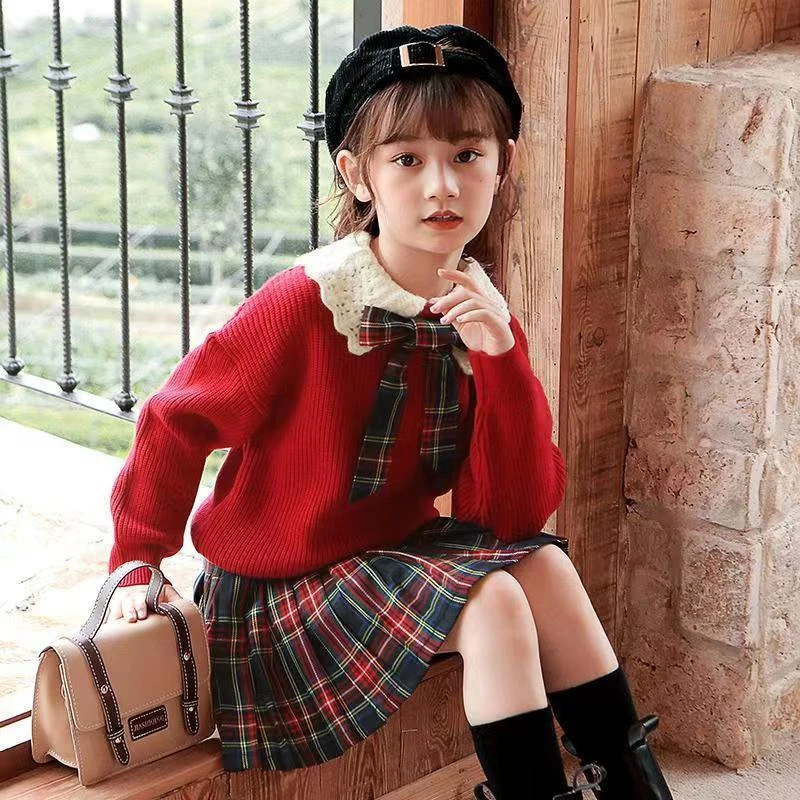 童装潮款Y女童红色毛衣学院风女孩套装儿童裙子春秋洋气大童毛衣