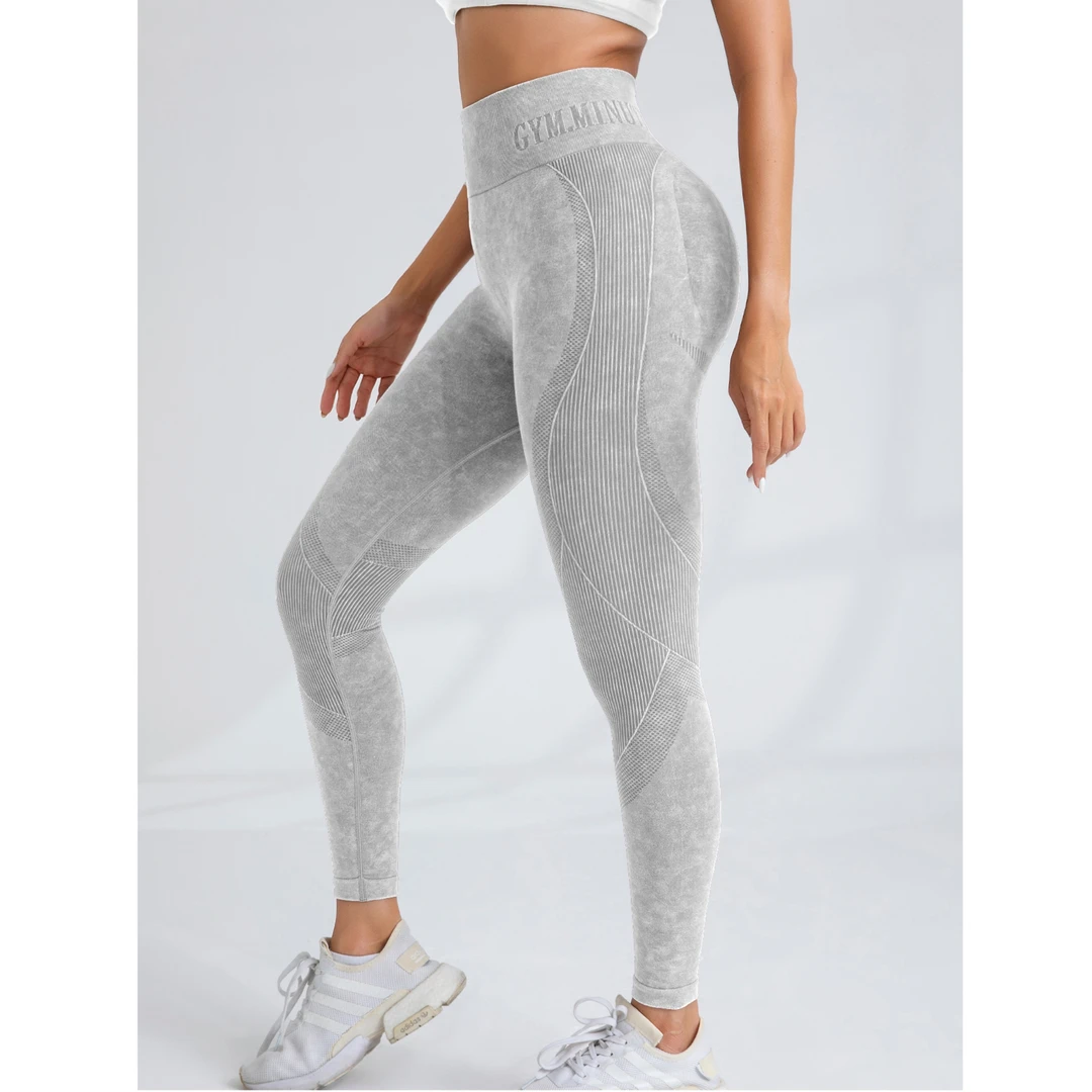 字母款磨砂水洗高腰提臀紧身运动健身裤蜜桃臀弹力跑步运动长裤