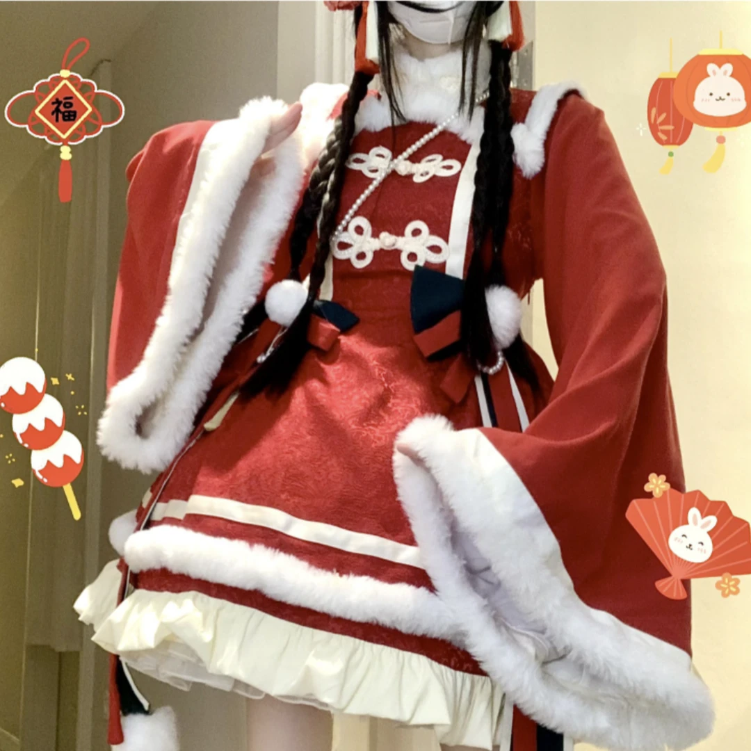 【桃夭】西瓜气泡水新年款红色拜年服lolita少女op国风保暖加厚年服