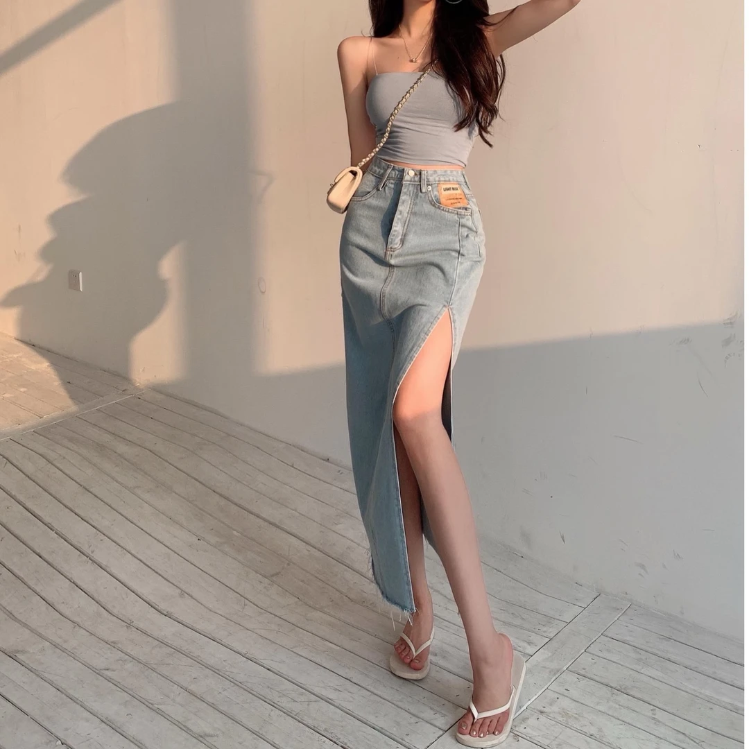 高腰侧开叉牛仔裙女夏复古气质辣妹炸街a字包臀长裙子显瘦半身裙