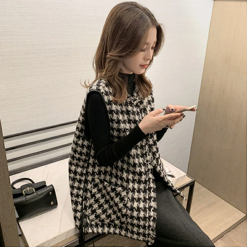 小香风千鸟格马甲背心外套秋冬装女复古外穿百搭宽松韩版时尚马夹