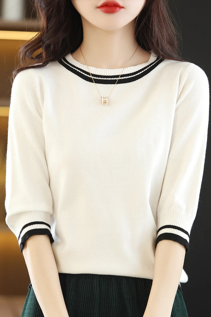 鄂尔多斯产春秋季圆领五分袖羊毛衫百搭撞色上衣洋气套头针织打底