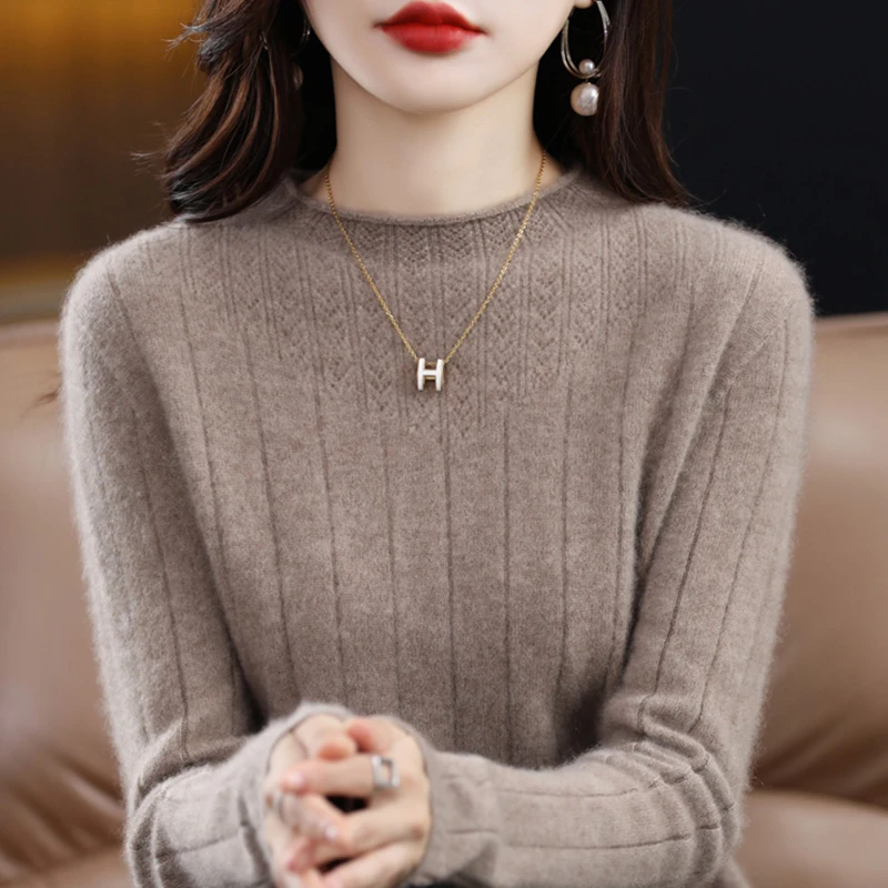 鄂尔多斯产秋冬倒v领镂空羊毛衫女士保暖亲肤宽松百搭纯色针织衫