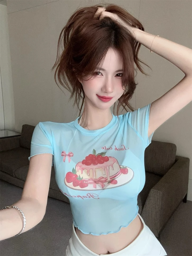 奶油慕斯蛋糕印花波边圆领短袖T恤女2024夏季新款辣妹网纱上衣潮