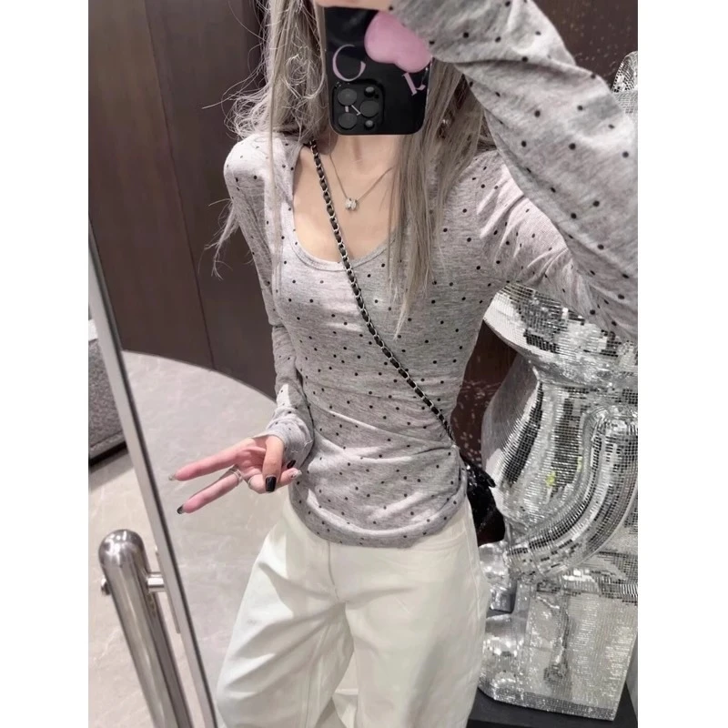 波点薄款修身正肩t恤女2024新款春夏紧身短款甜辣妹防晒长袖上衣