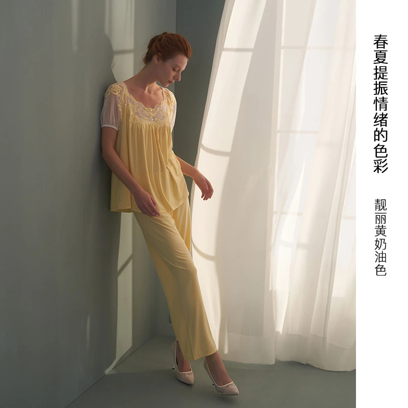 CA BRIDA【心动夏日】夏季女士舒适休闲宽松蕾丝大码睡衣女套装