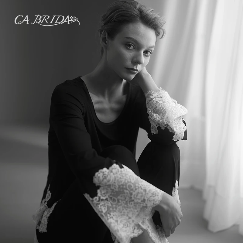 CA BRIDA【CityLove】秋冬蕾丝修身时尚瑜伽高能感圆领长袖睡衣套装
