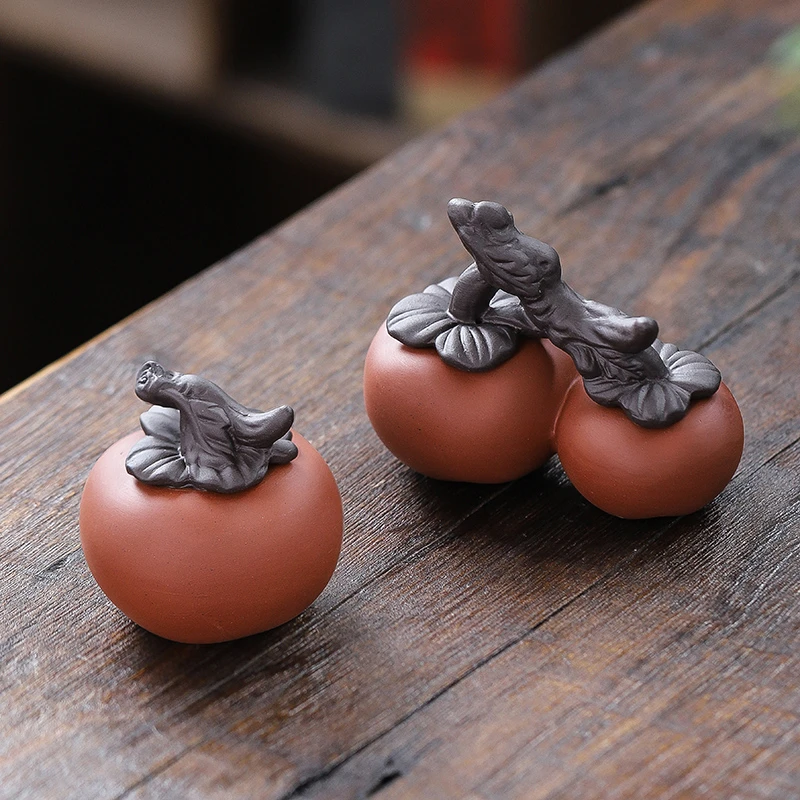 紫砂小茶宠摆件精品大号柿柿如意陶瓷创意茶道把玩仿真茶玩全手工