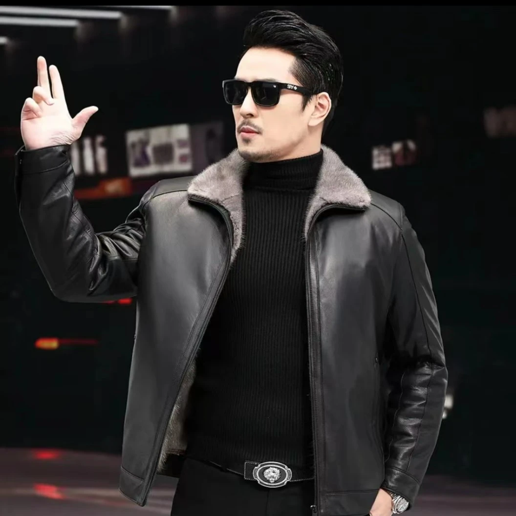 男士真皮山羊皮加厚保暖夹克立翻领水貂内胆休闲外套