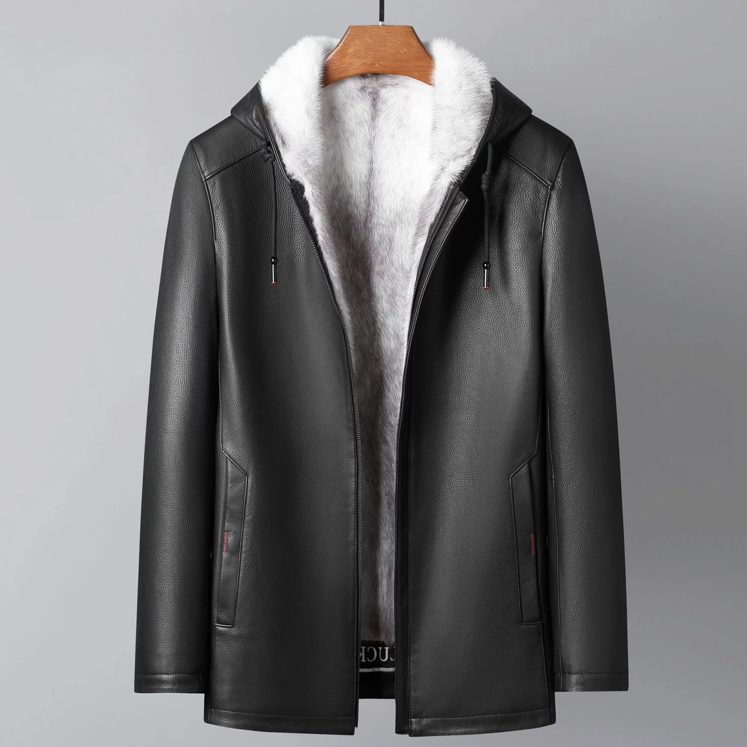 22-618男士高端鹿皮貂内胆休闲连帽中长款加厚外套